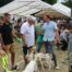 L'animateur tend le micro à une personne durant son interview. Des chiens sont visibles à leurs pieds.